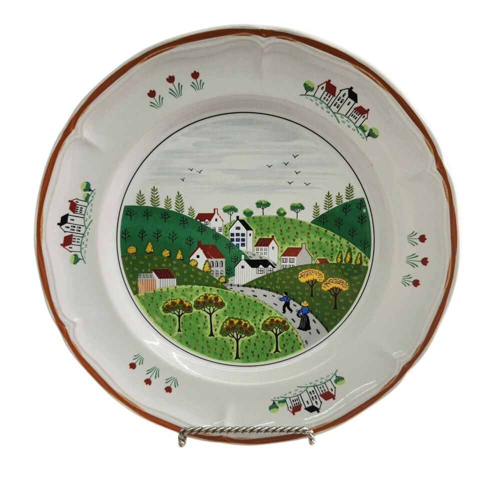 Newcor Stoneware Country Village Set 4 Dinner Plates 10.5" Japan Vintage 80s